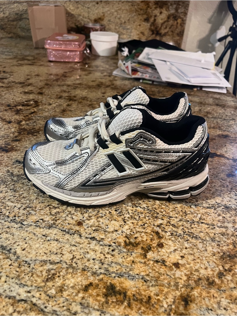 New Balance Silver and Black Mesh Running Sneakers
